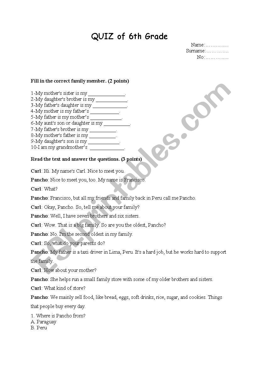 6th grades worksheet