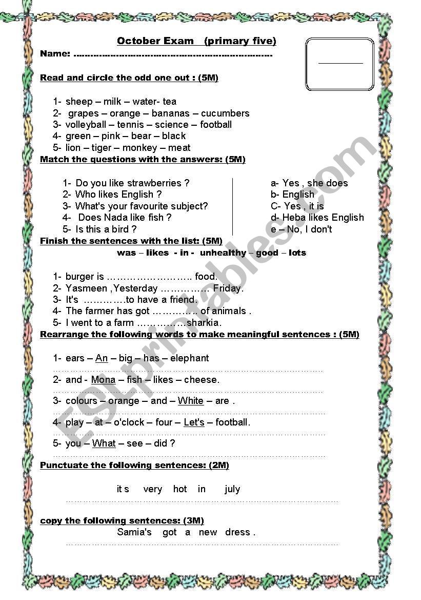 oCTOBER EXAMS GRADES(4-5-6) worksheet