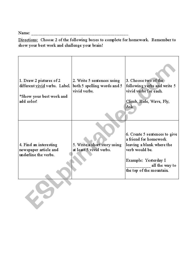 Grammar Choice Board worksheet