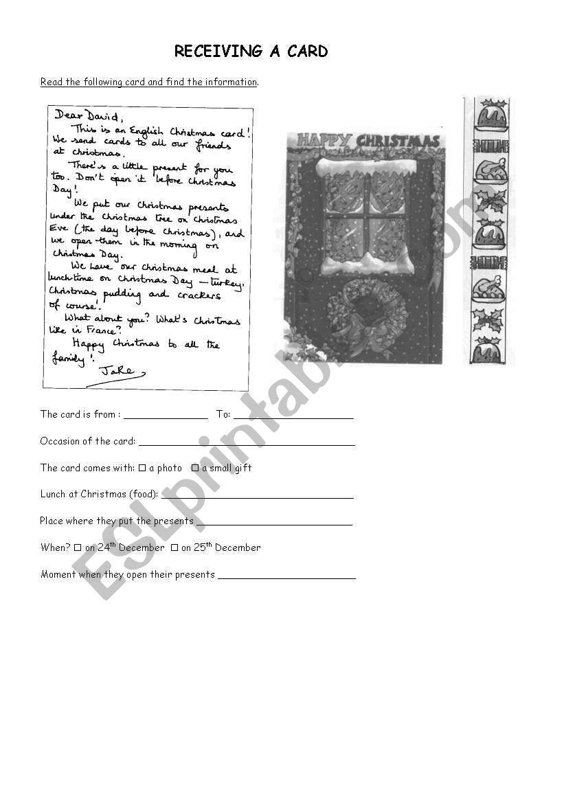 RECEIVING A CHRISTMAS CARD worksheet