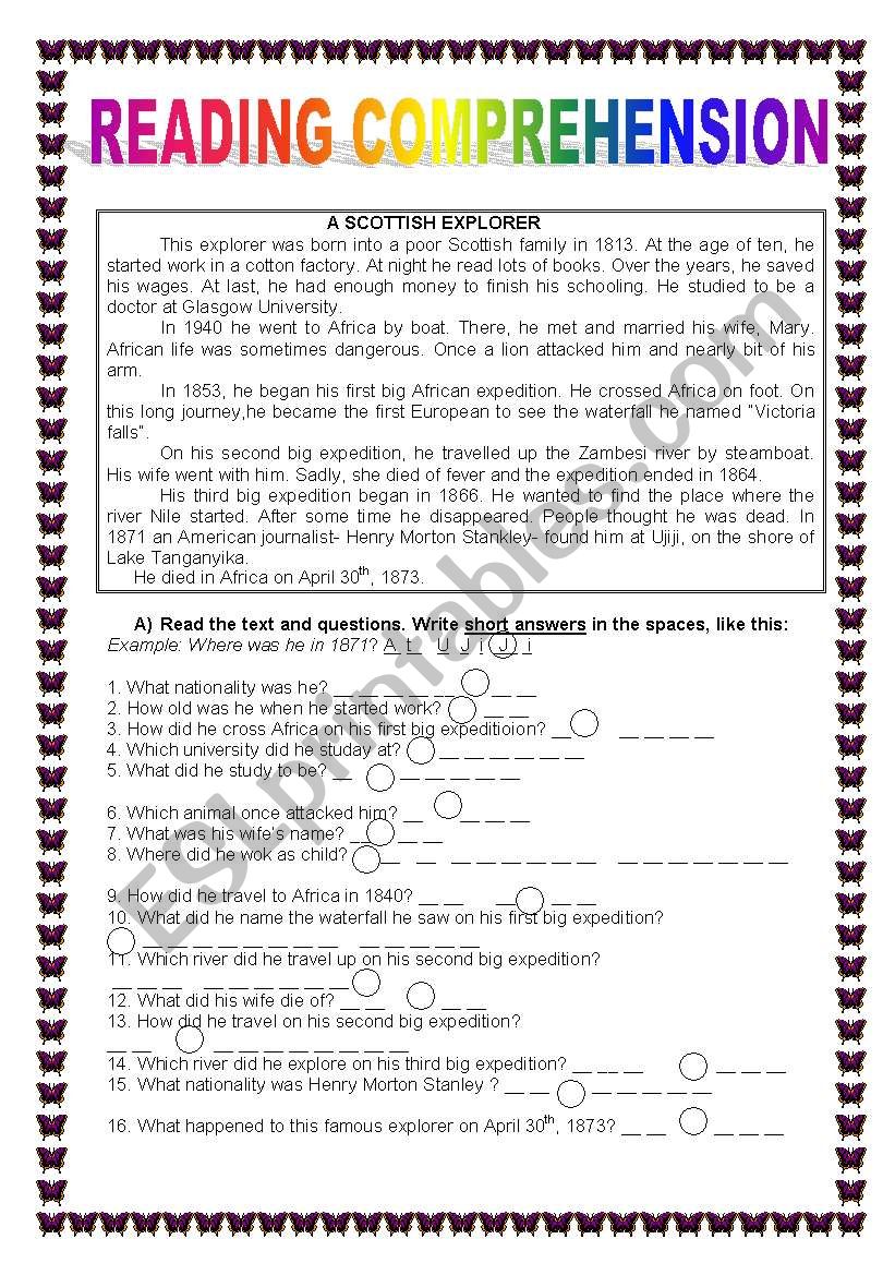 reading comprehension worksheet