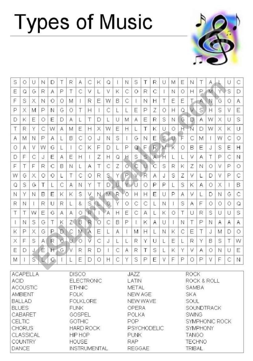 Types of Music worksheet