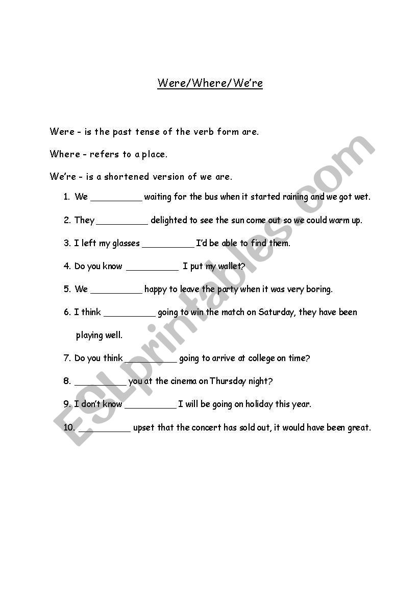 Were, where and were  worksheet