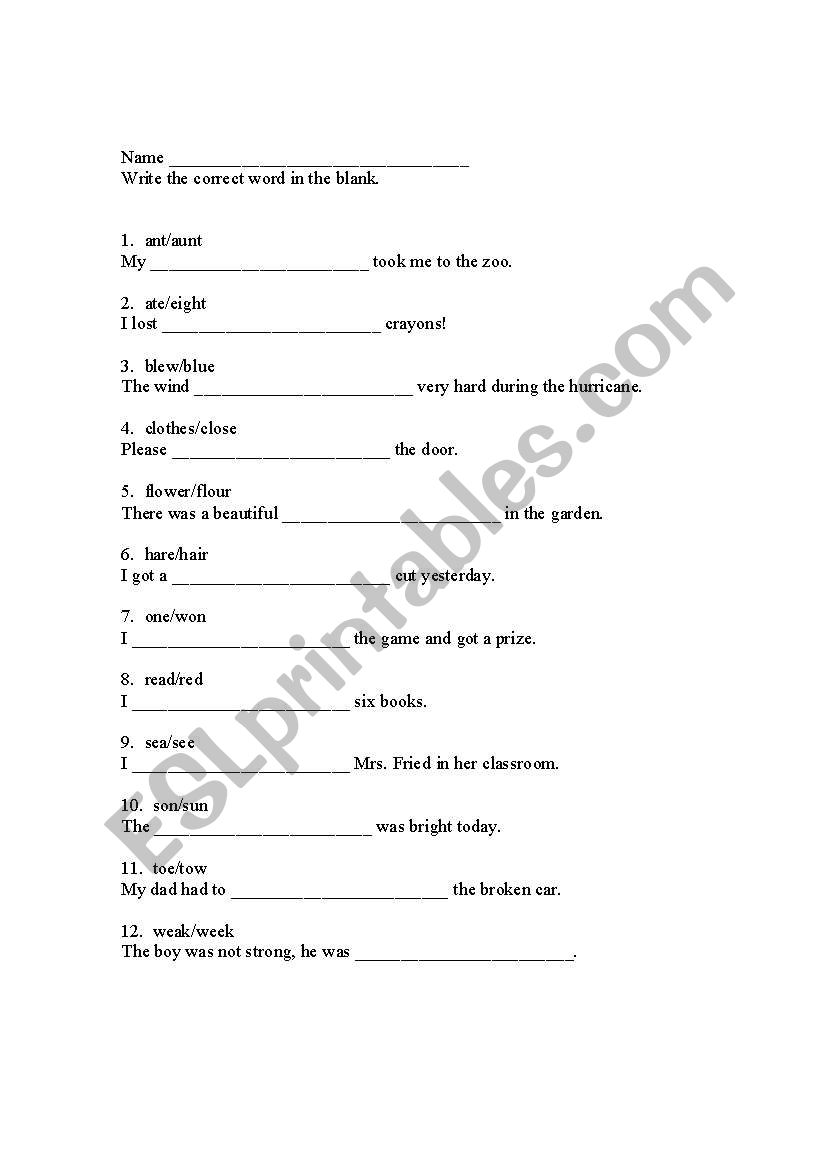 Homonyms worksheet