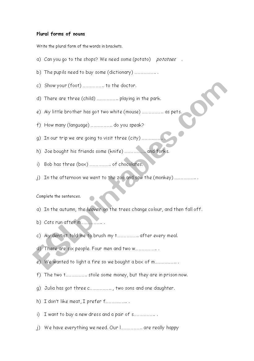 Plurals exercise worksheet