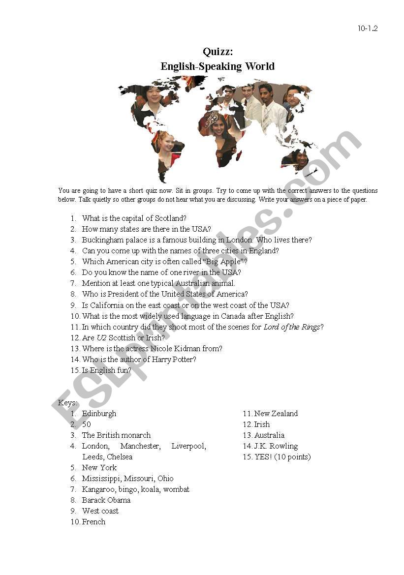 English speaking world worksheet