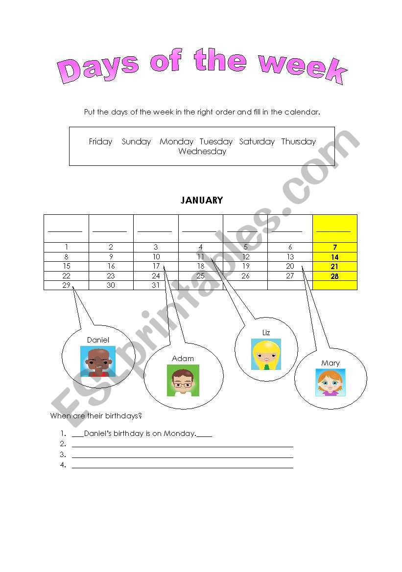 Days of the week worksheet