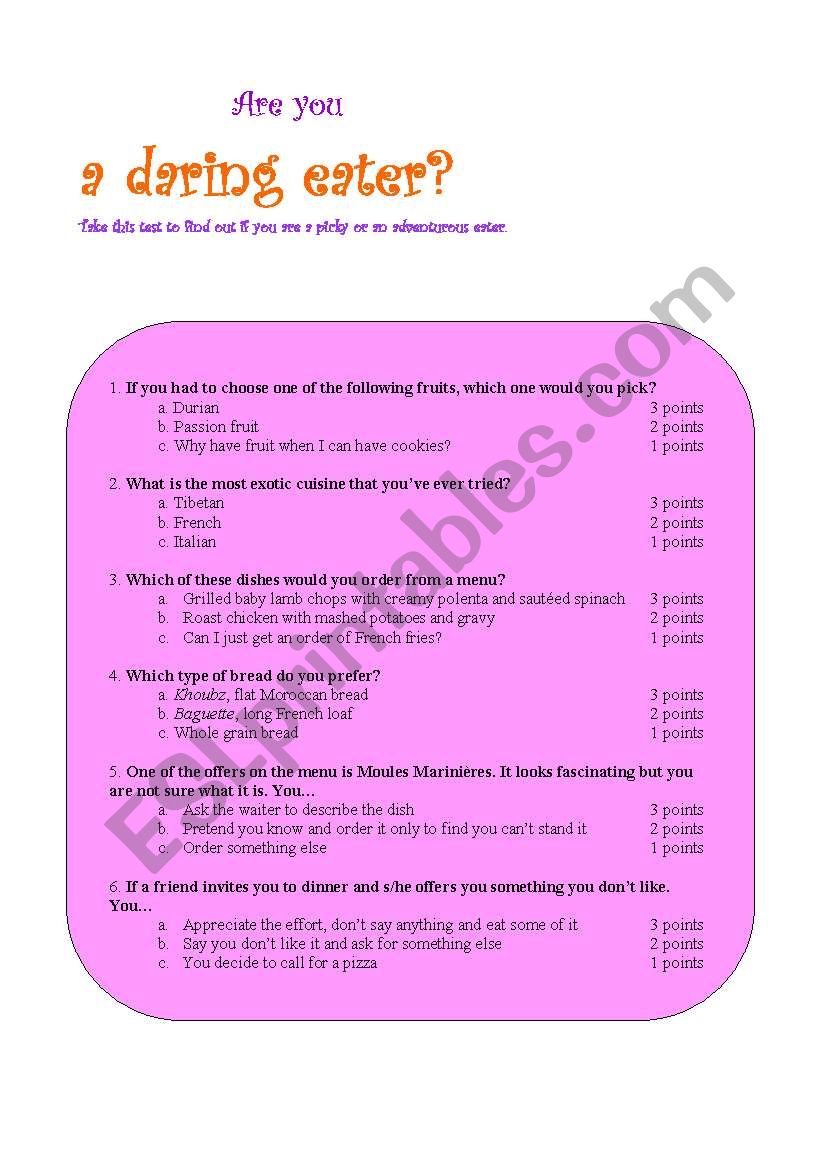 Are you a daring eater? worksheet