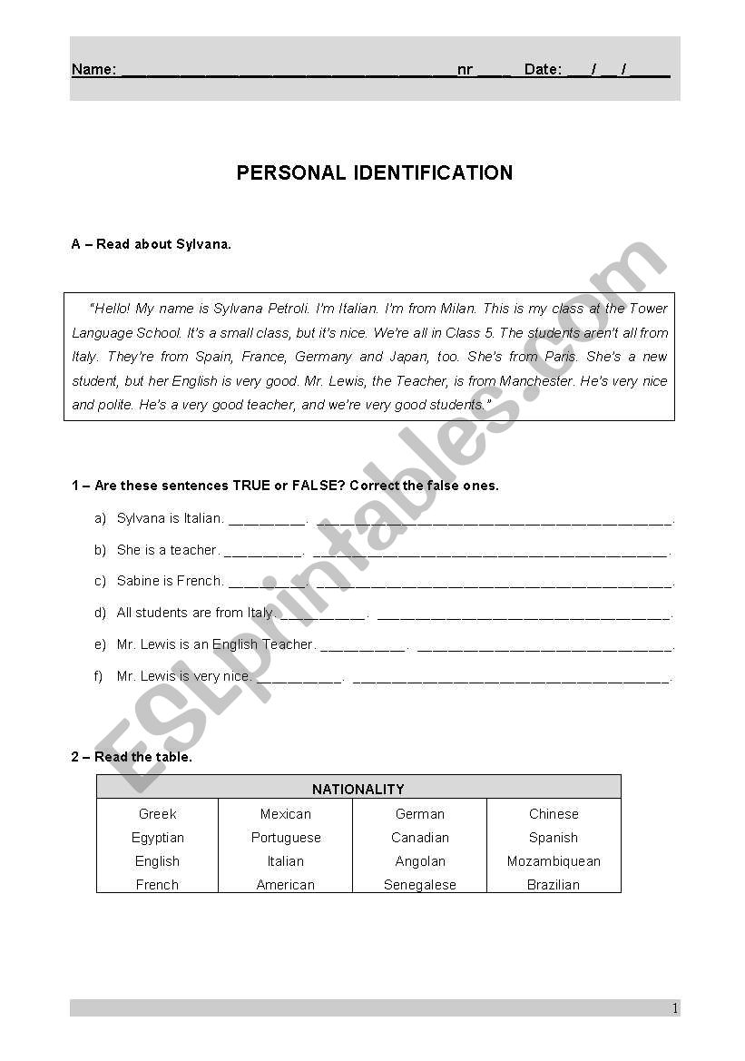 PERSONAL IDENTIFICATION worksheet