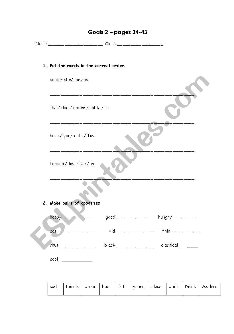 words order worksheet
