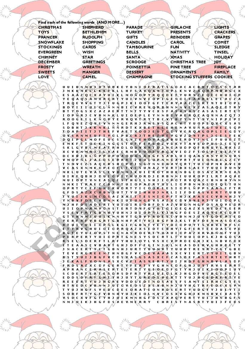 Christmas wordsearch worksheet