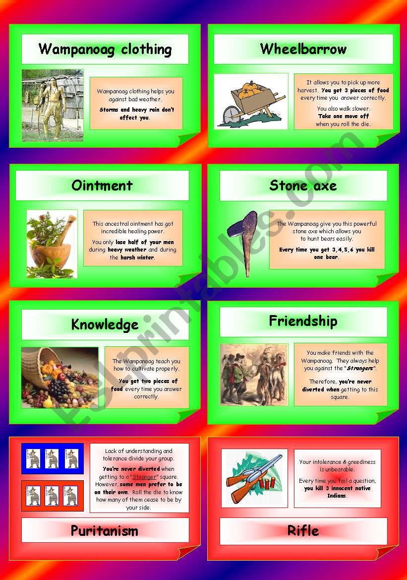 Ultimate Thanksgiving game (Part 5/5): Object cards (The Wampanoag, Squanto, the Mayflower, Plymouth, the Pilgrim Fathersâ€¦). Each object has got a unique skill!!! + another set of cards. There are 162 game cards (completely new ones) altogether!!! 5 pag