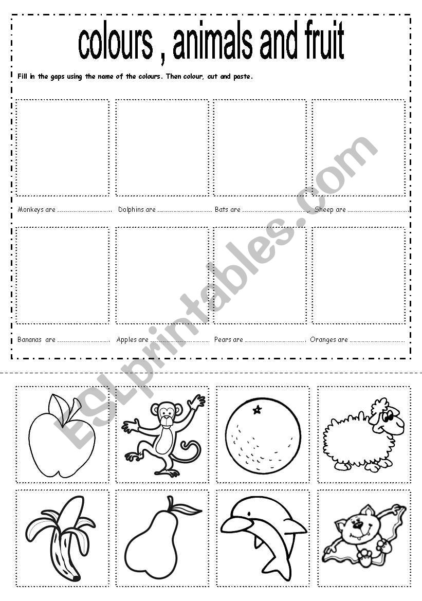 colours, animals and fruit. worksheet