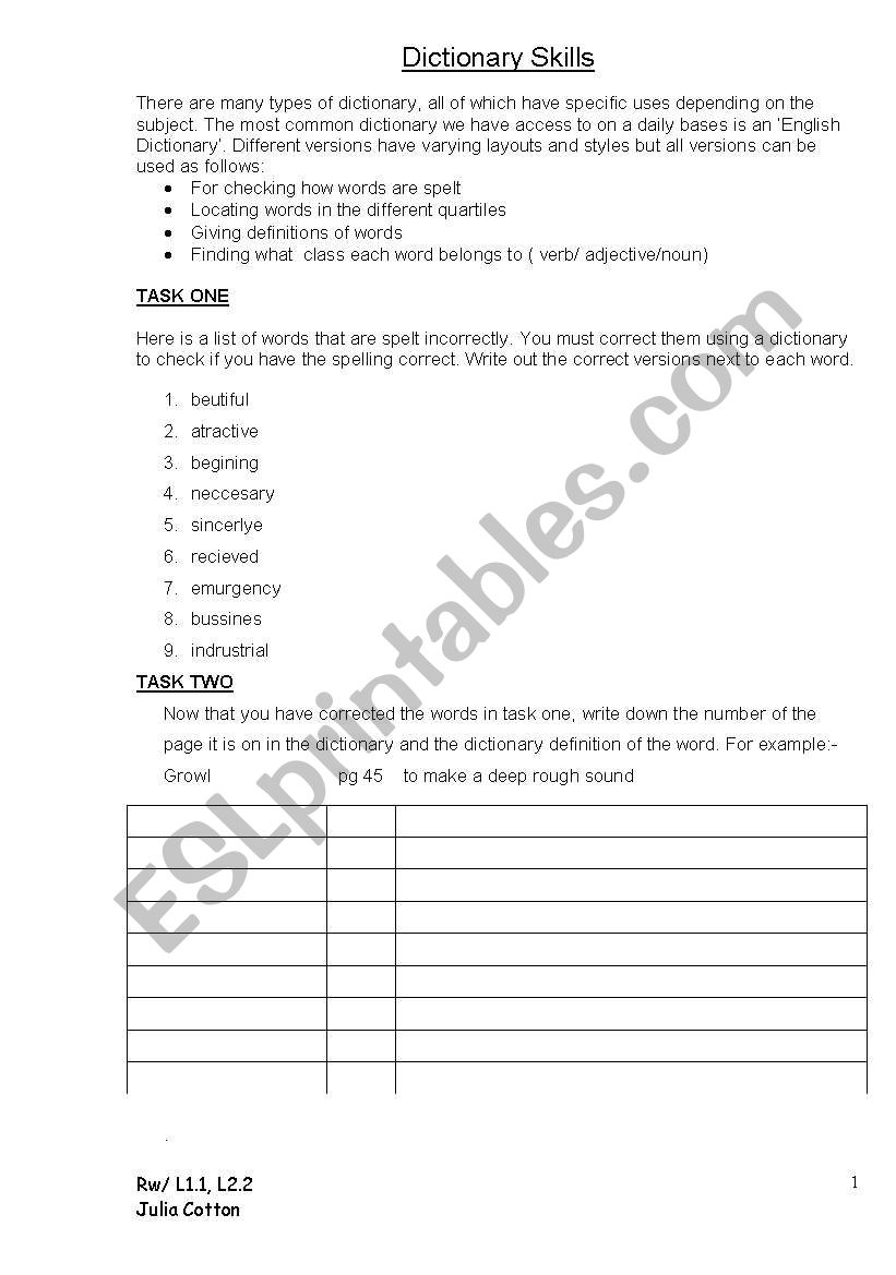 Dictionary Skills worksheet