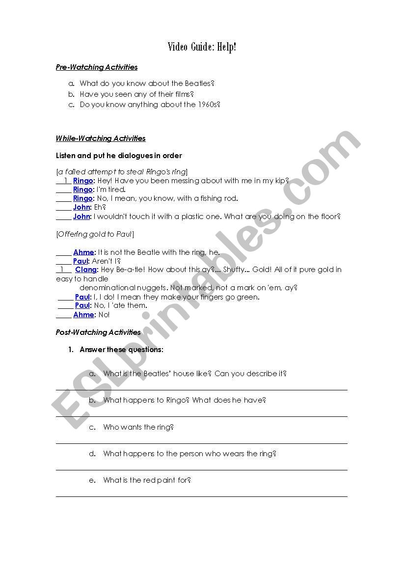 Video Guide Help! worksheet