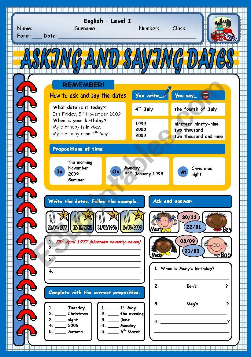 ASKING AND SAYING DATES worksheet