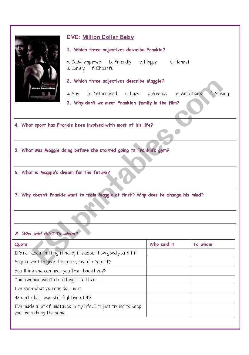 DVD: Million Dollar Baby worksheet