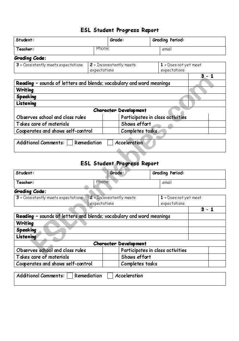 Elementary ESL Progress Report - ESL worksheet by zmpmartin