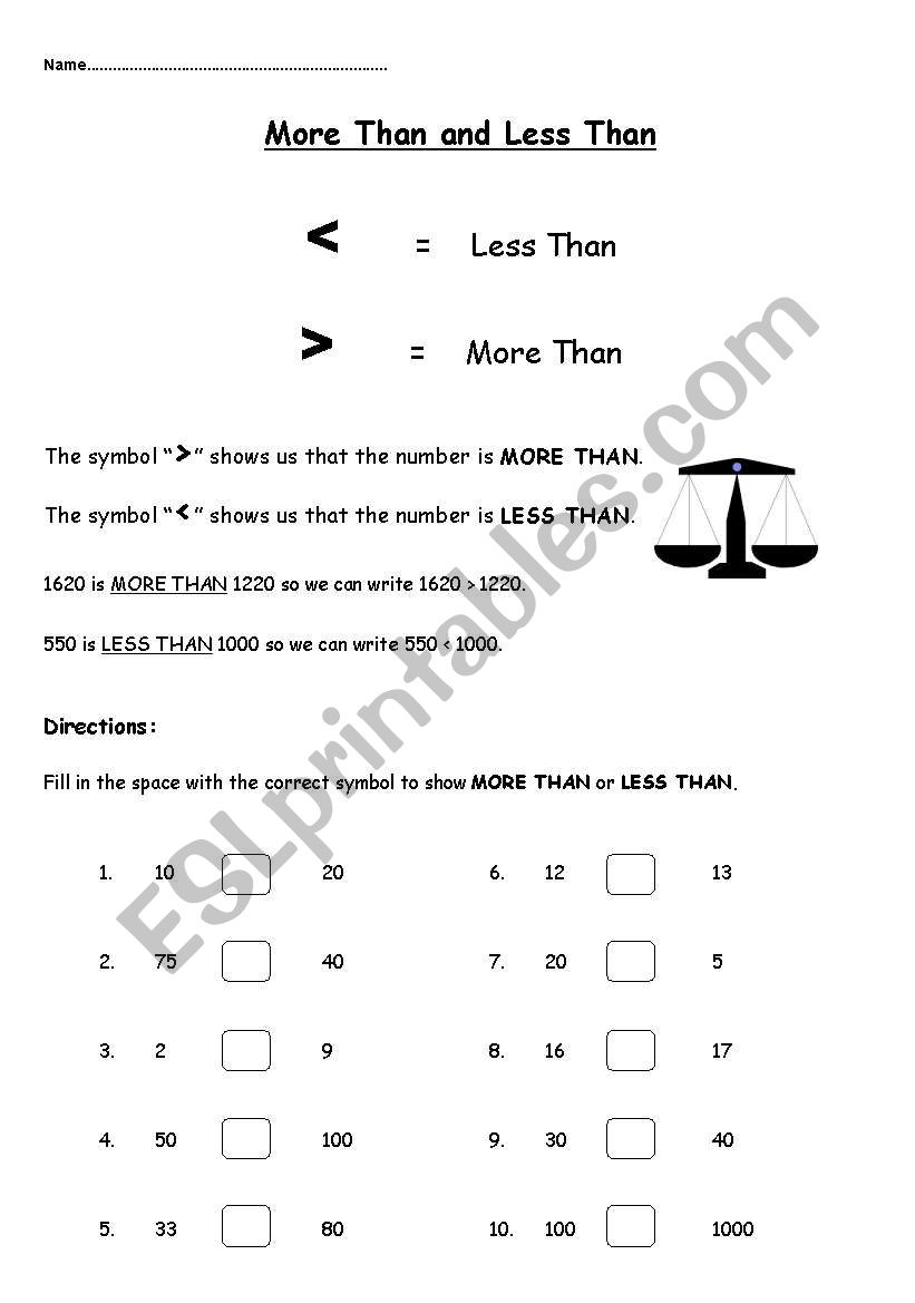 More than and less than worksheet