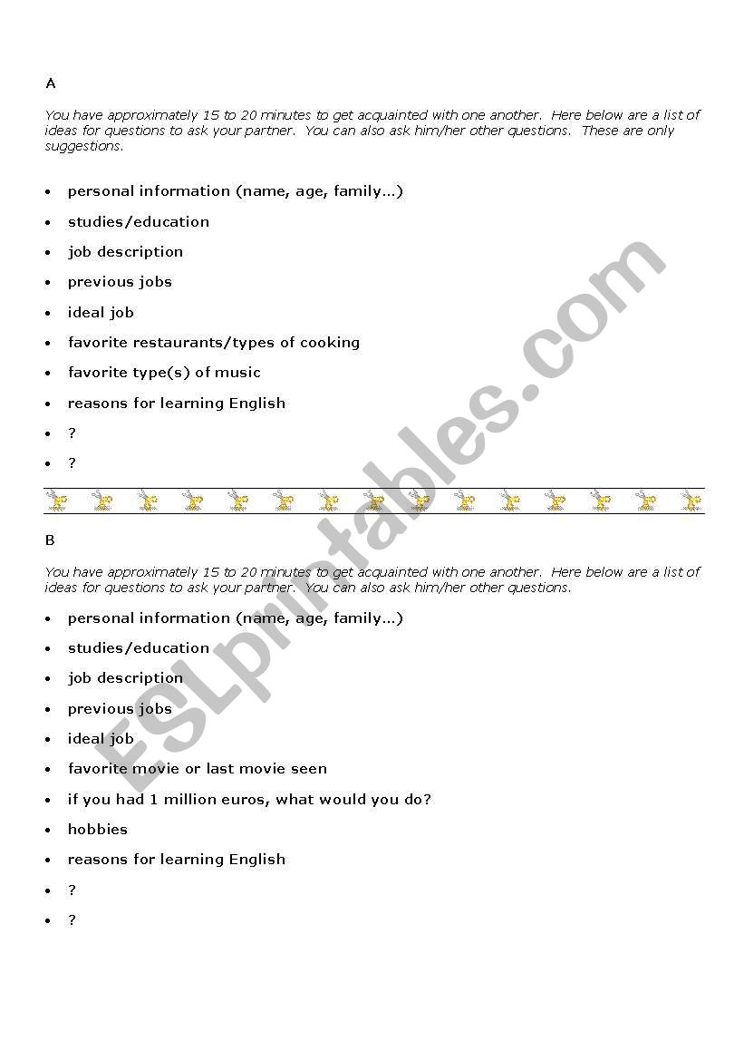 General English pairwork icebreaker - FIRST LESSON