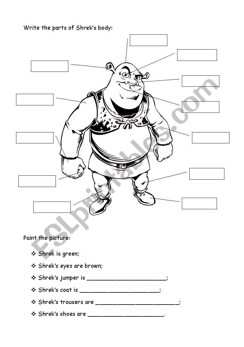 The parts of Shreks body worksheet