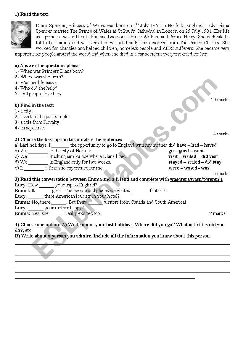 biography: Princess Diana worksheet