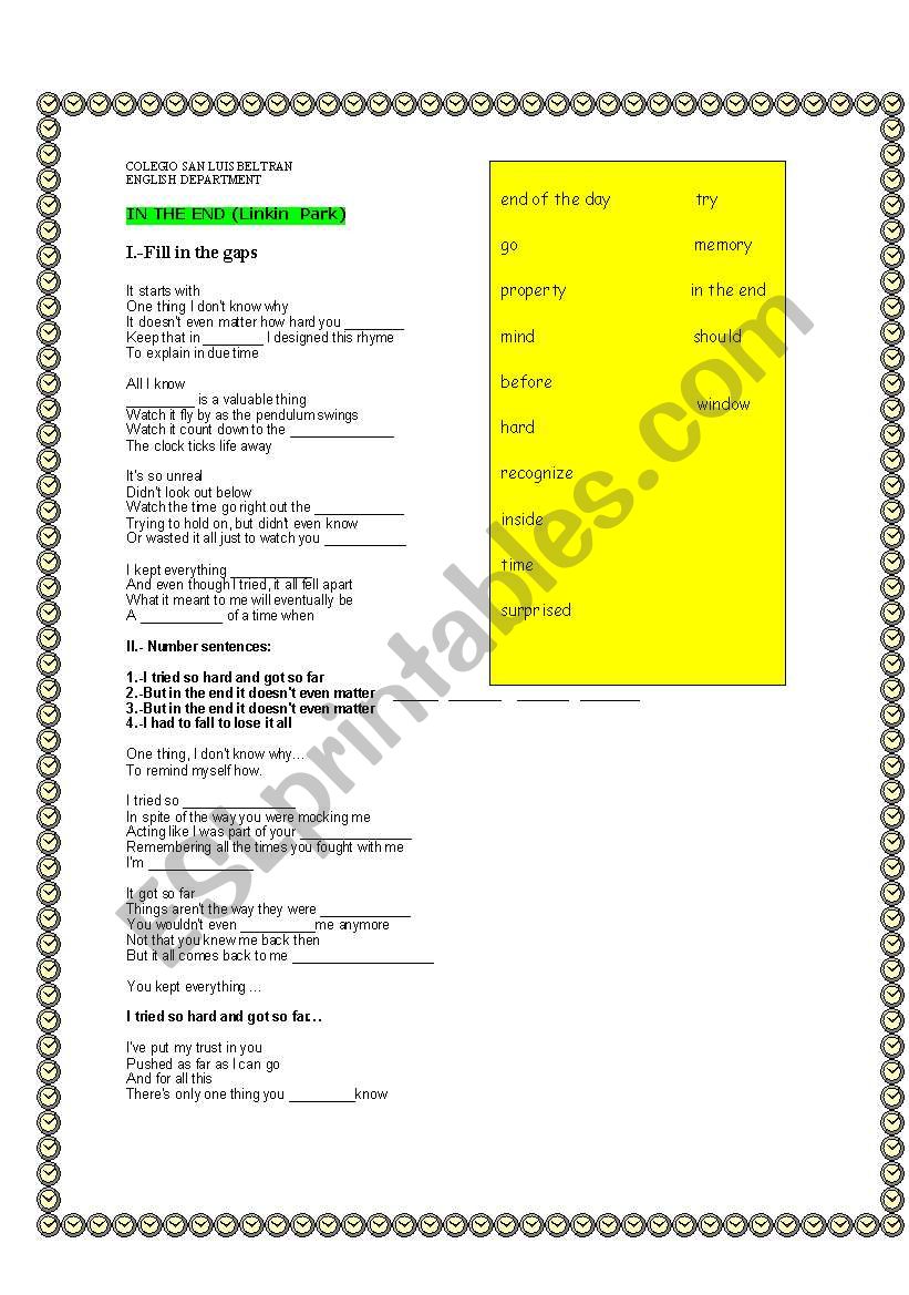 in the end, linkin park worksheet