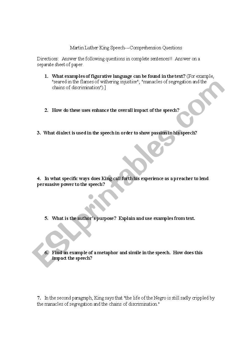 Martin Luther King Questions worksheet