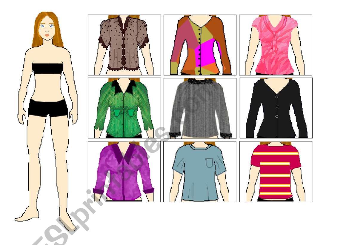 Clothes paper doll 1 (tops) worksheet