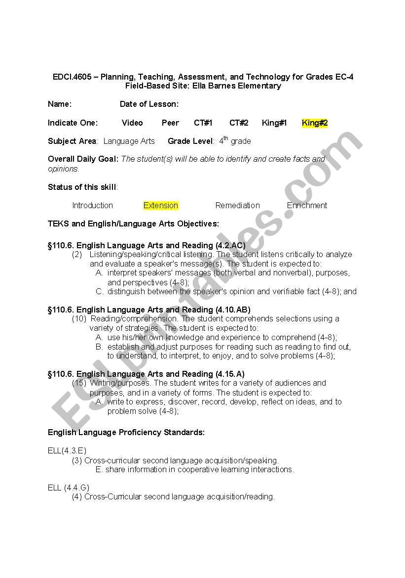 Fact and Opinion Lesson Plan worksheet