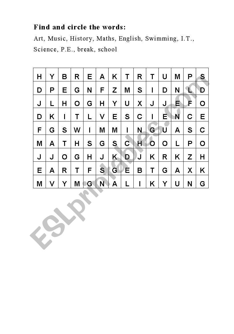 School subjects worksheet