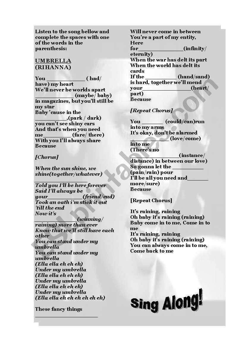 UMBRELLA - RIHANNA worksheet