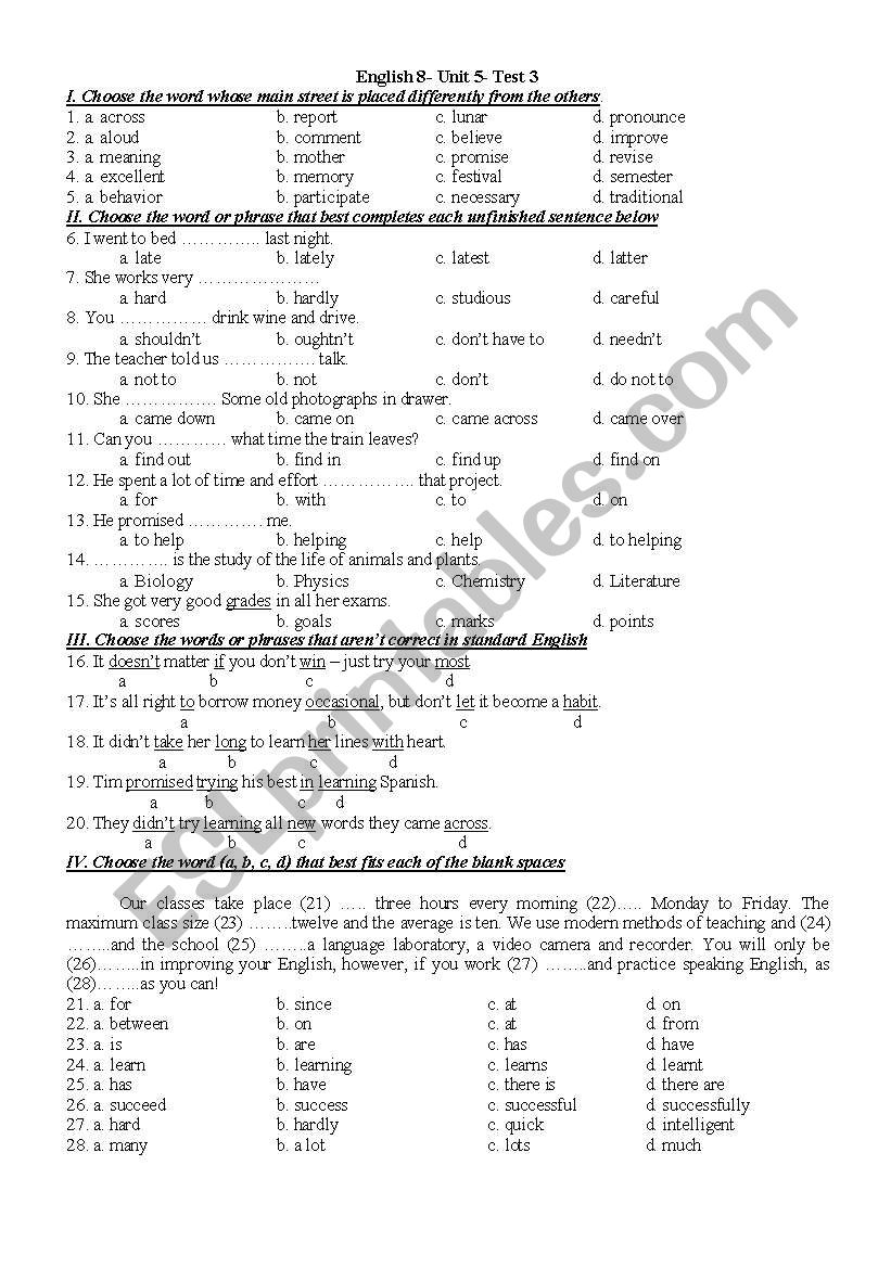English 8, test 1 worksheet