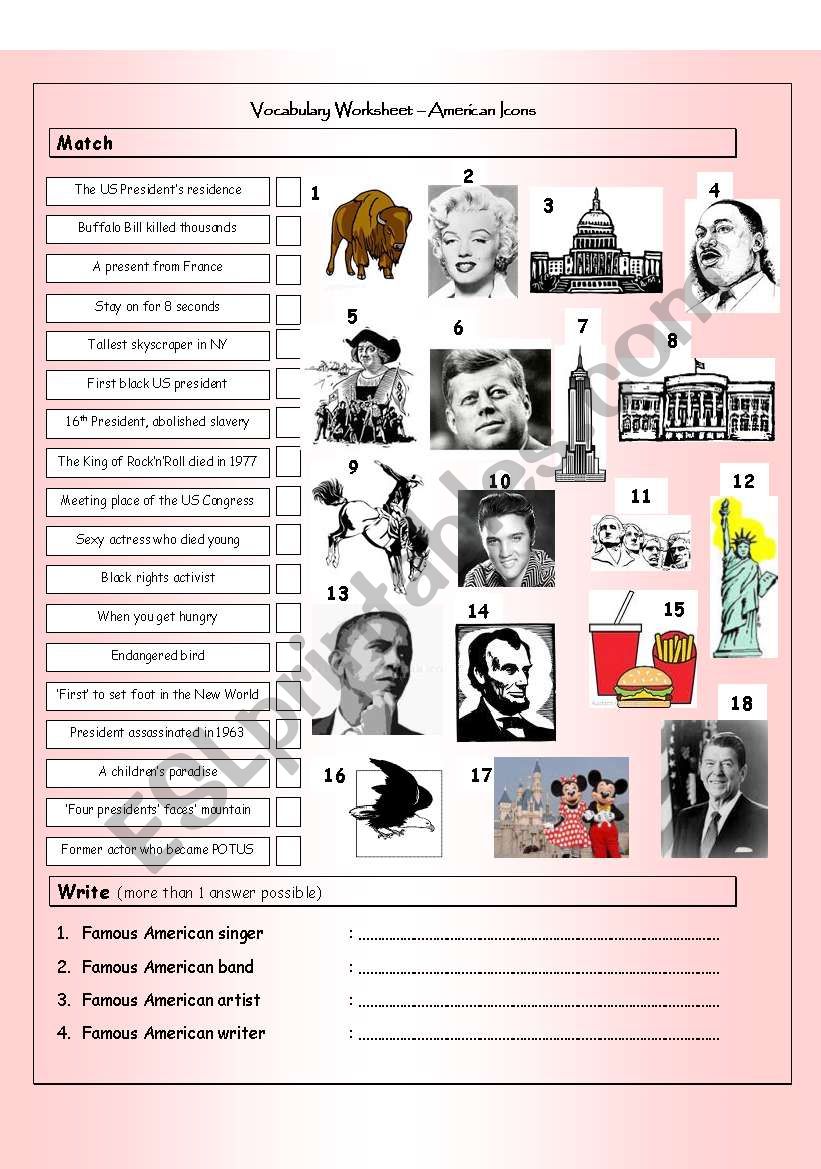 Vocabulary Matching Worksheet & Quiz - AMERICAN ICONS & LANDMARKS