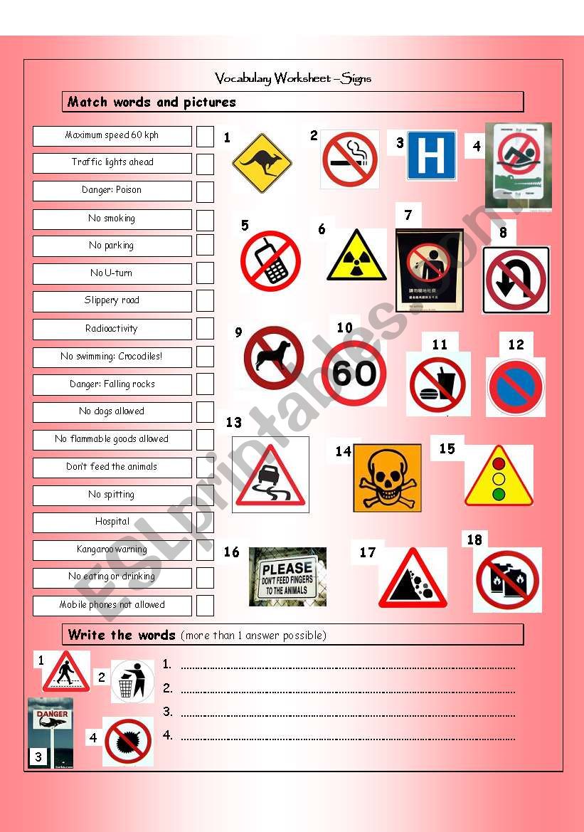 Vocabulary Matching Worksheet - SIGNS