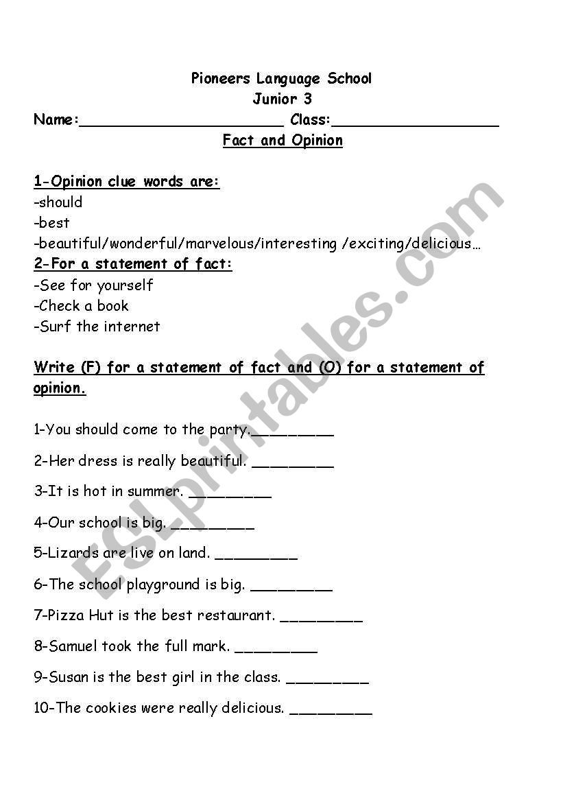 fact or opinion worksheet