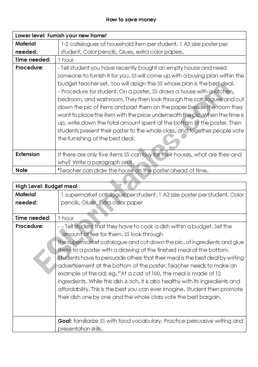 Saving money worksheet