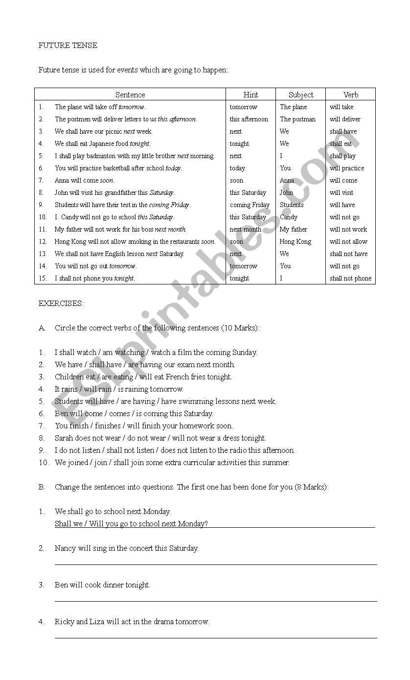 Future tense worksheet