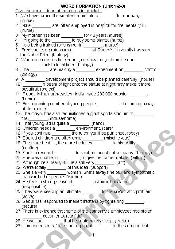 word formation worksheet