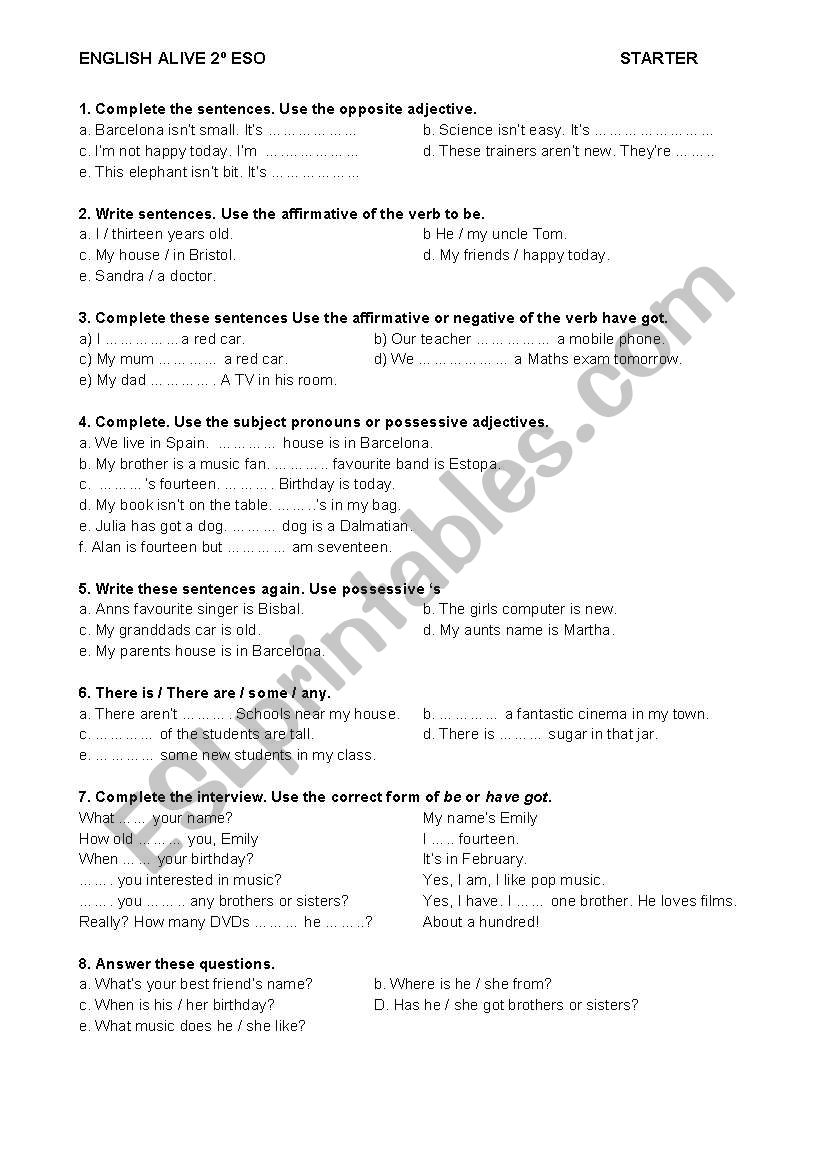 ENGLISH ALIVE 2Âº ESO - PRACTICE TEST - STARTER UNIT