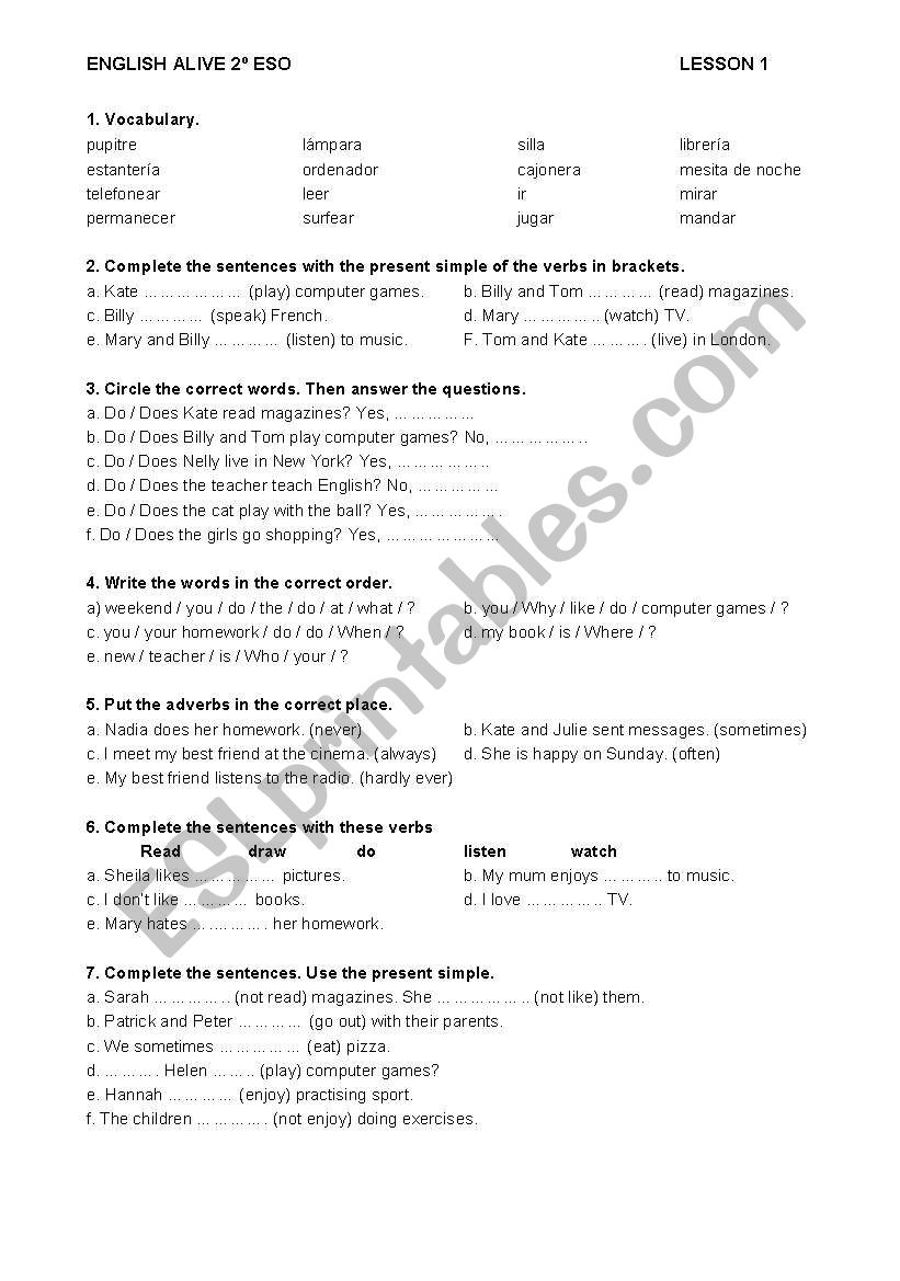 ENGLISH ALIVE 2Âº ESO - PRACTICE TEST - UNIT 1