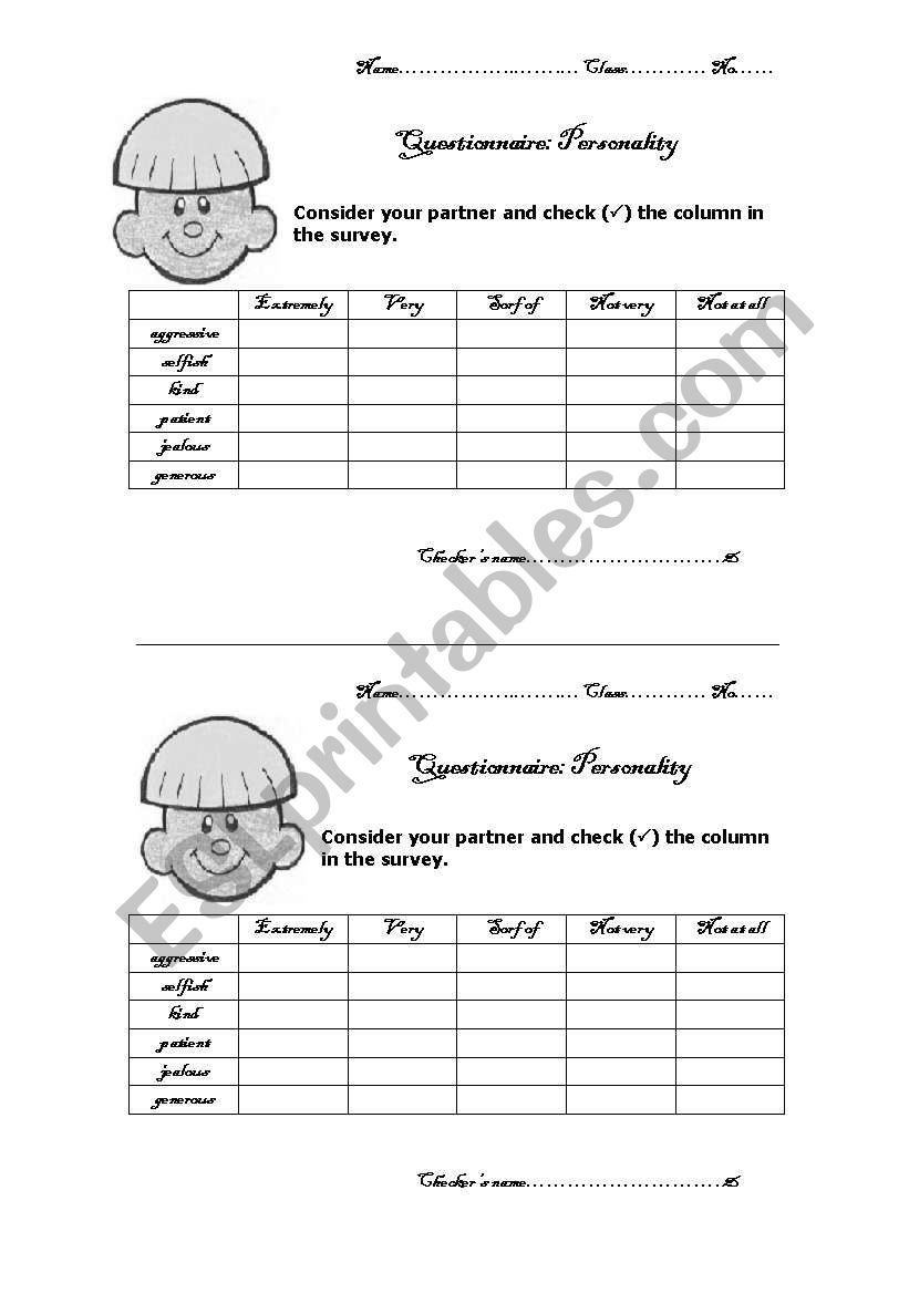 personality Questionaire worksheet