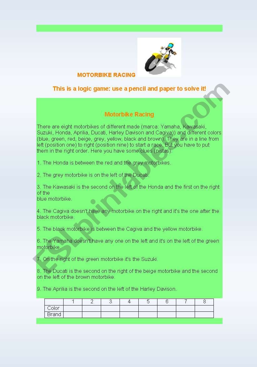 Motorbike Racing Game Puzzle worksheet