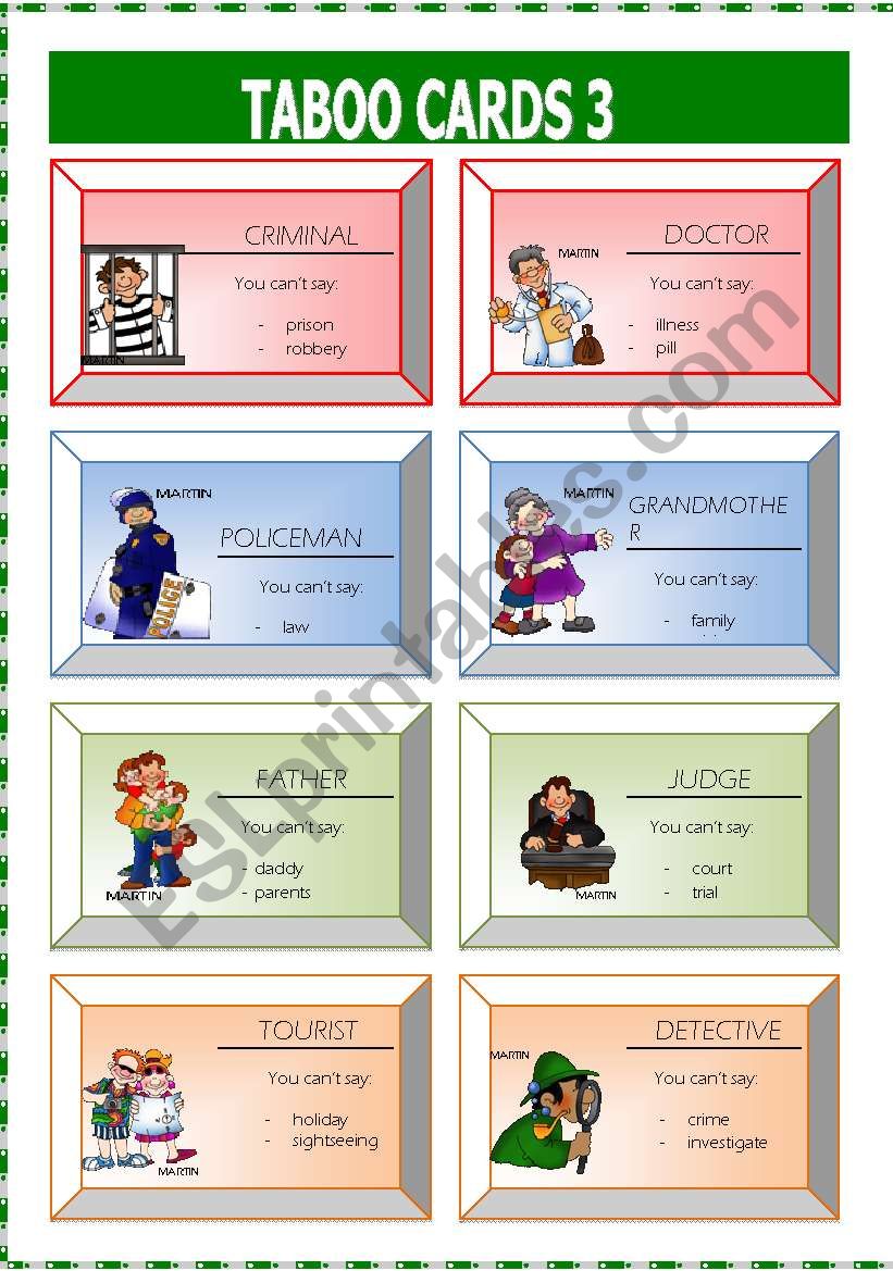 Taboo cards 3 worksheet