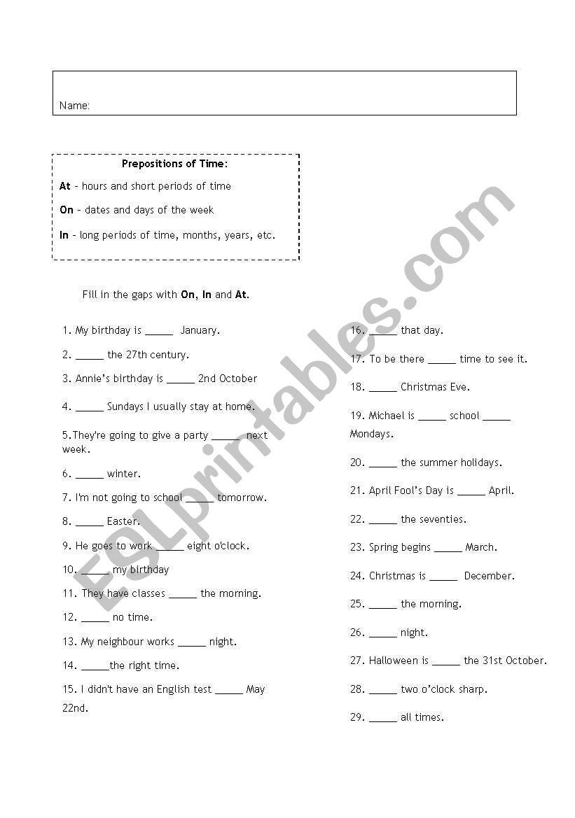 Fill the gaps with on, in, at worksheet