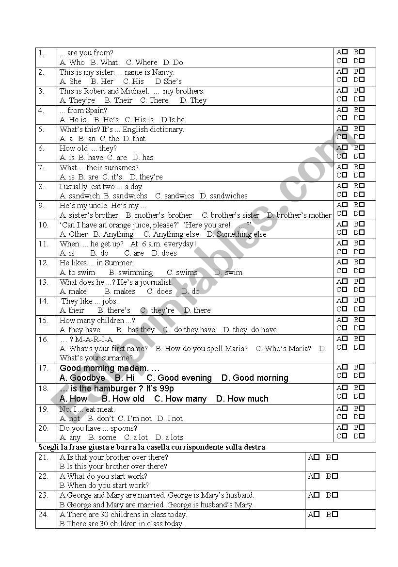 entry test worksheet