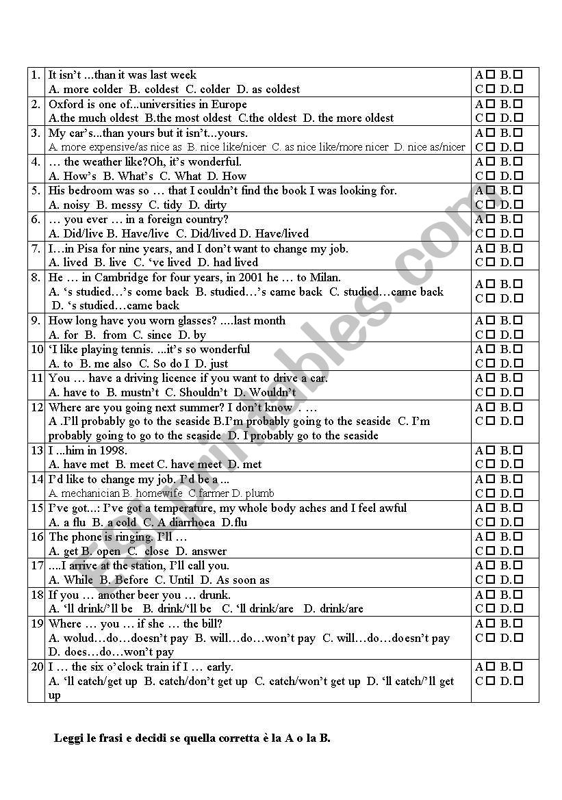 entry test worksheet