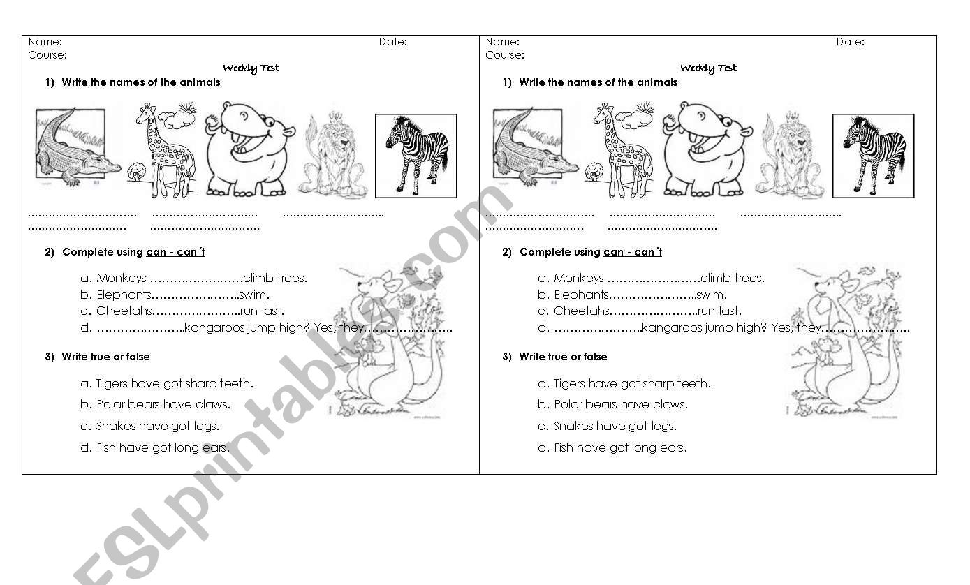 Animals + can - cant worksheet