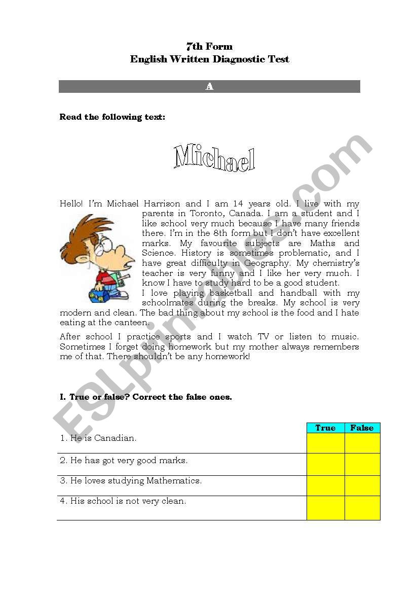 Dignostic Test - 7th Form worksheet