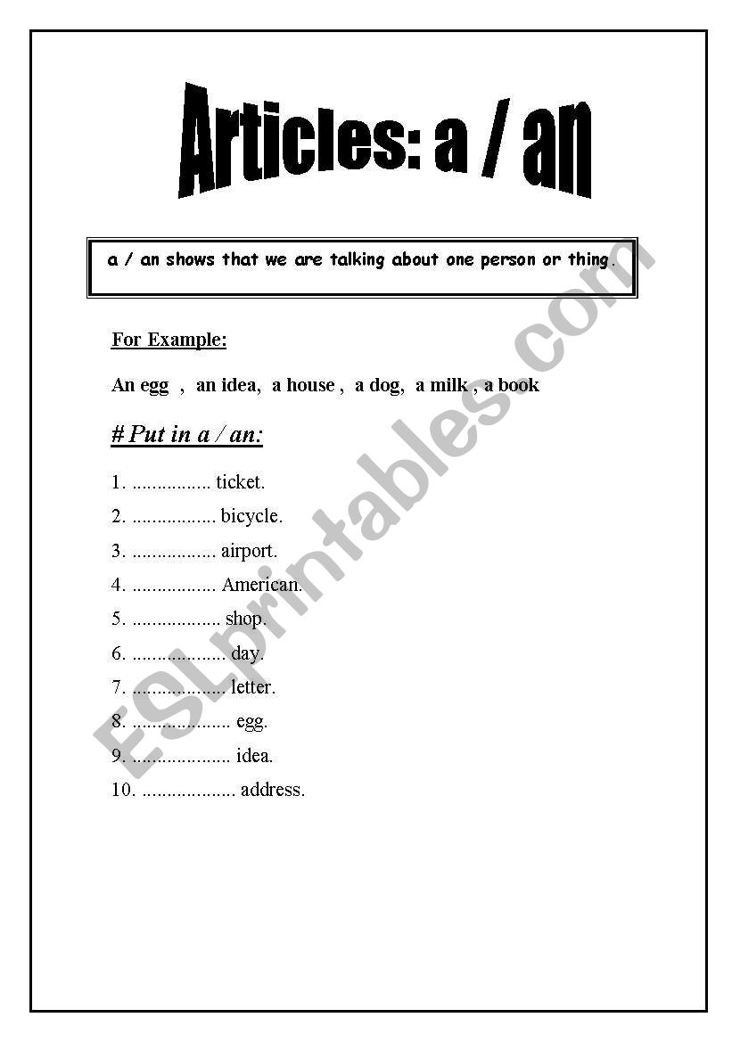 article a  an  worksheet